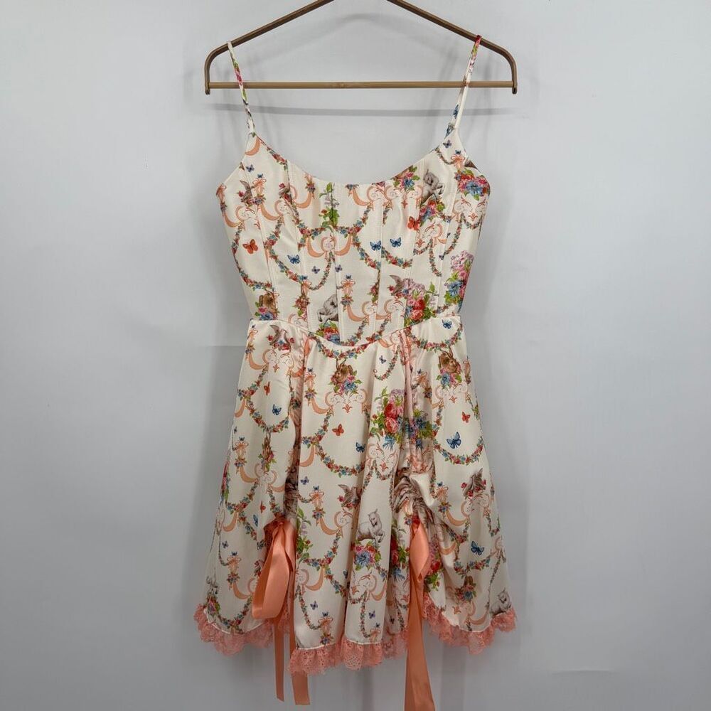 Sugar Thrillz Kitty Floral Corset Mini Dress Lace Trim Satin Bow XS Cottagecore